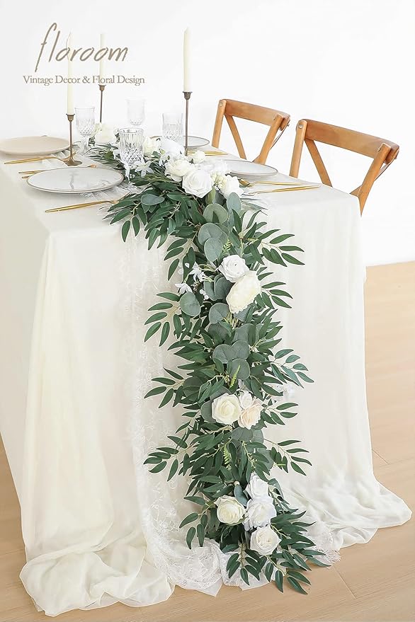 Artificial Flower Garland, 6 ft Ivory Eucalyptus Vine with Roses