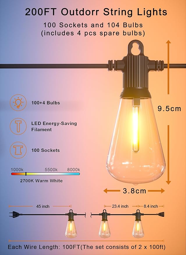 String Lights, 200FT Patio Lights with 100 Vintage ST38 Edison Bulbs