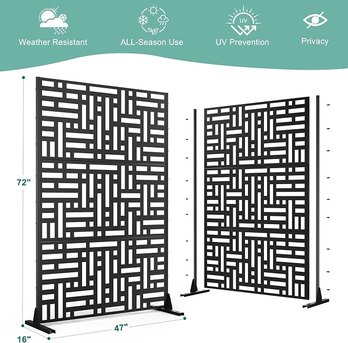 Decorative Fence Screen, Black Floral Metal Privacy Screen 72 x 47 Inch