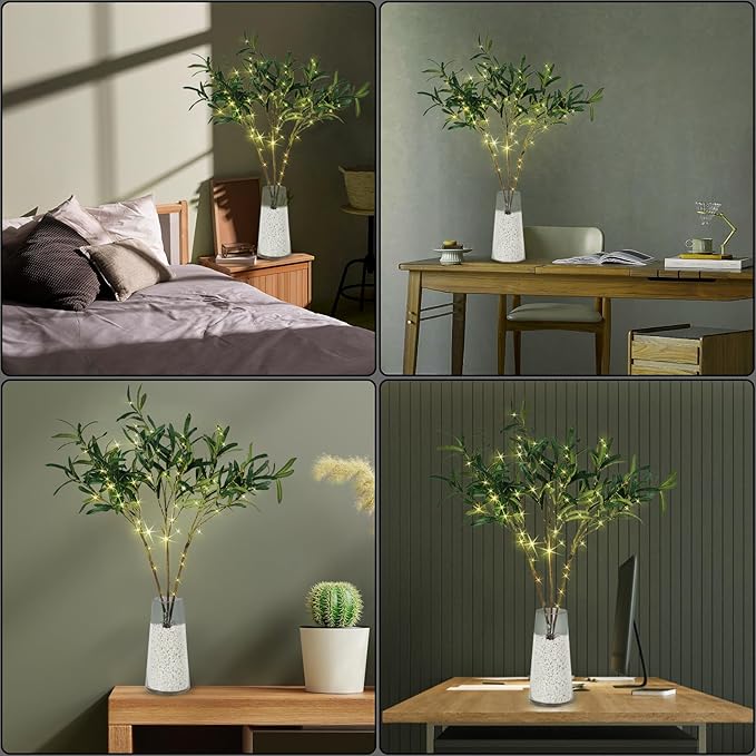 Artificial Olive Branch Greenery, 99 Warm White LEDs, 33-Inch