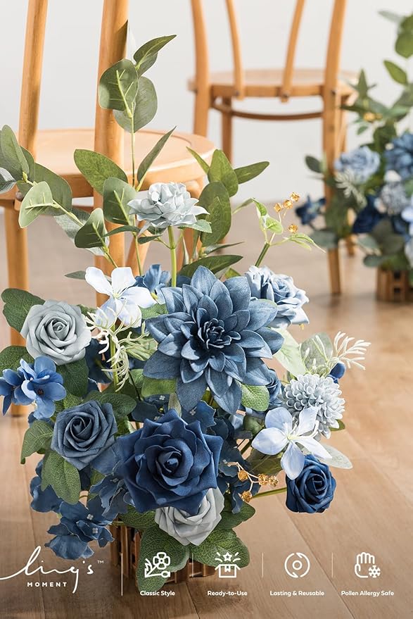 Artificial Flower Arrangements, 4 Pack, Dusty Blue and Navy Wedding Decor