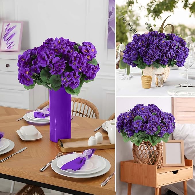 Artificial Flowers, Purple Silk Geranium, 6 Bundles, Indoor Outdoor