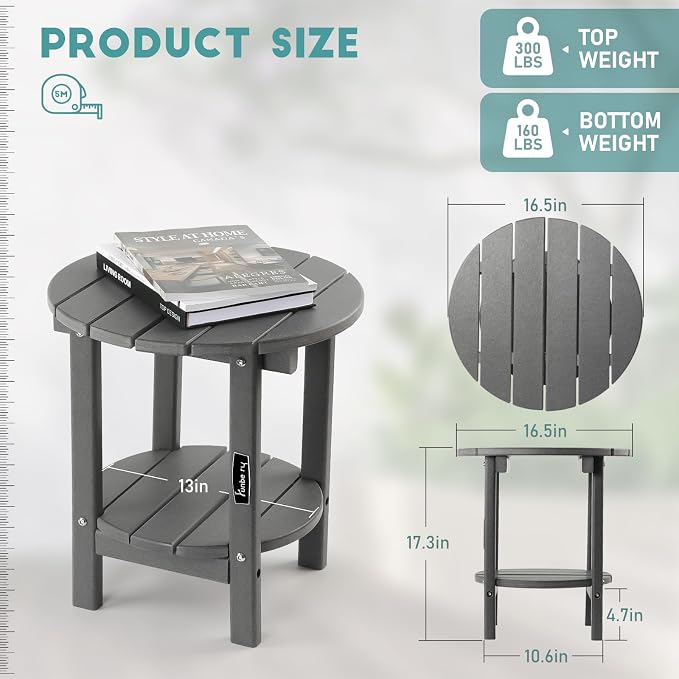 Side Table, 2-Tier Grey HDPE Patio End Table for Outdoor Use