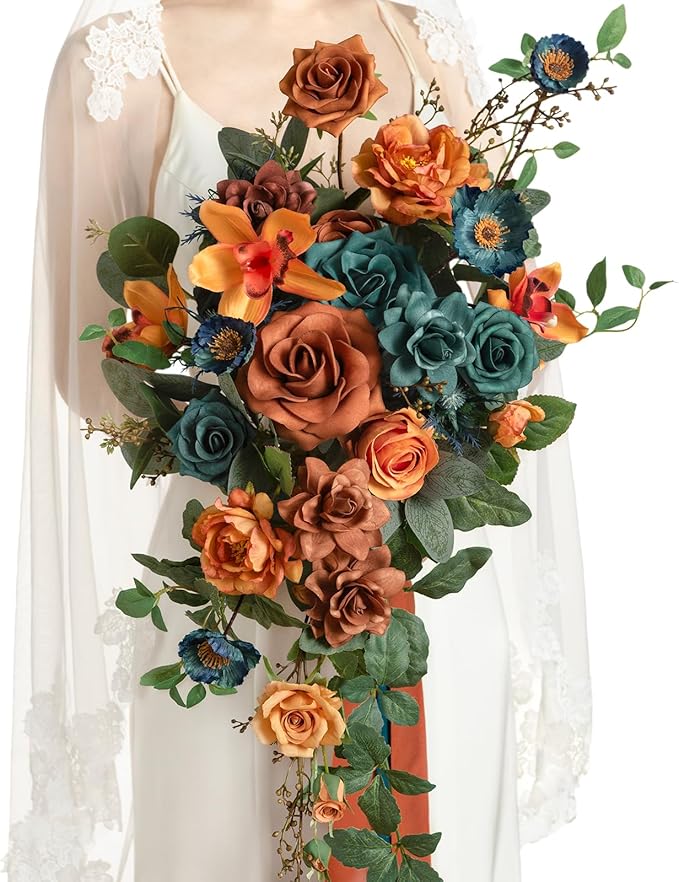Artificial Bridal Bouquet, Teal and Burnt Orange Silk Cascade, 13 x 20 in