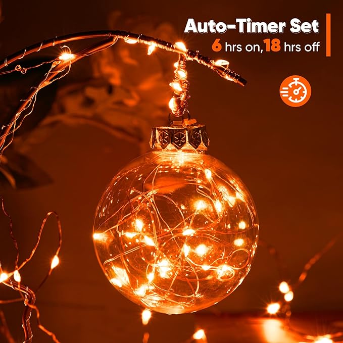 Indoor String Lights, 65.6 Ft Orange LED Battery Powered with Remote