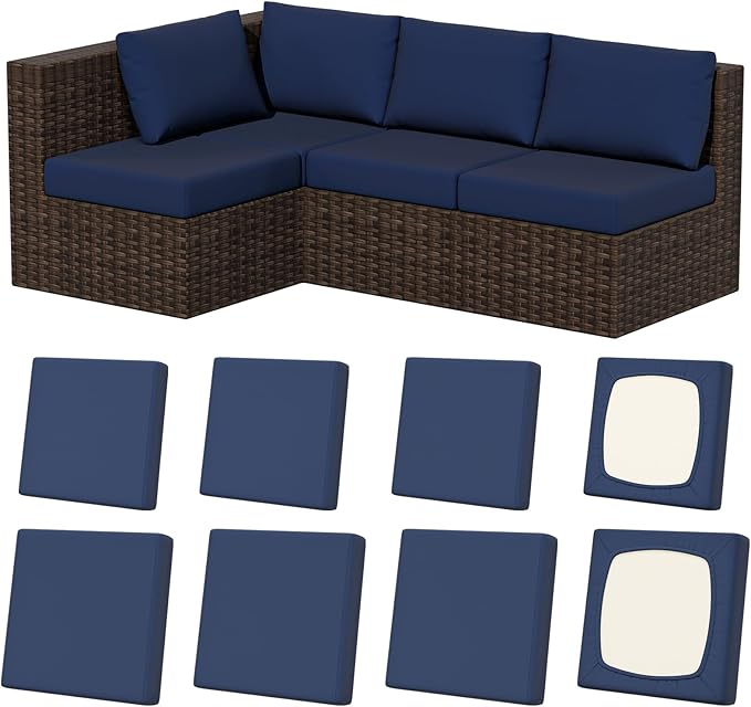 Cushion Covers, Navy Blue Stretch-Fit 8-Piece Set, 95% Polyester
