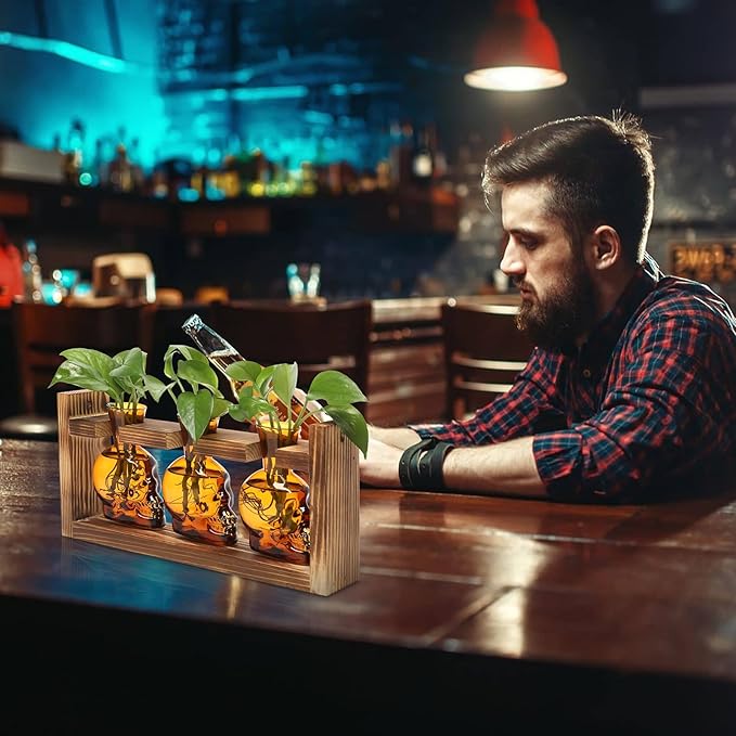 Terrarium Propagation Station, 3-Piece Amber Skull Glass Set with Wood Stand