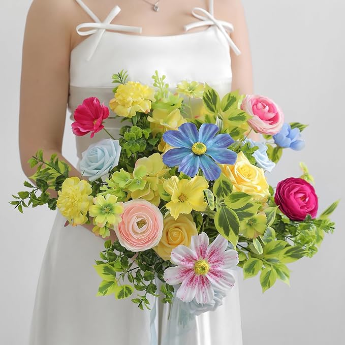 Artificial Flowers Bulk Set, 25 Rainbow Heads with 30 Stems and 13 Leaves