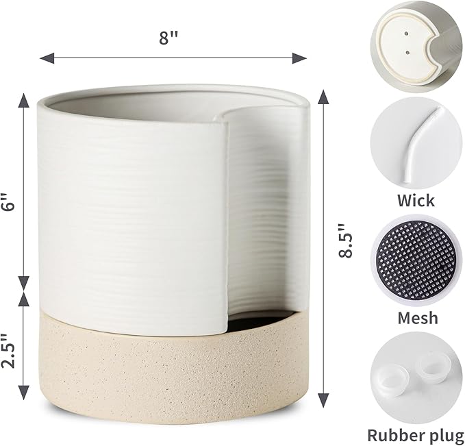 Planter Pot with Self Watering Wick, 8 Inch Ceramic, White