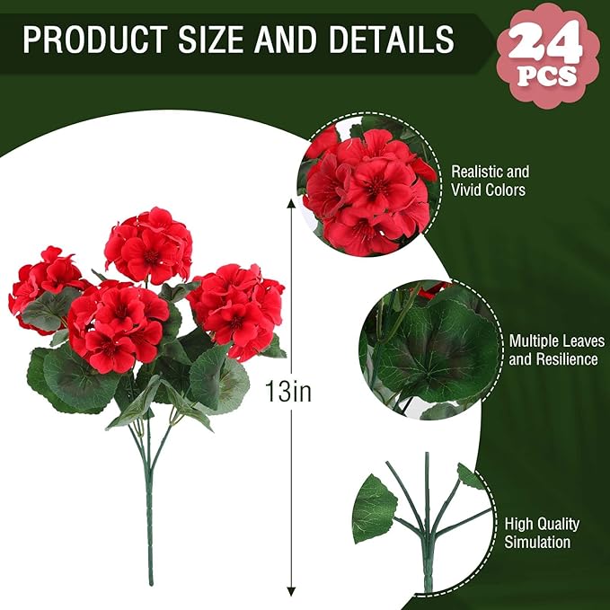 Artificial Geranium Flowers, Red Silk Blooms for Indoor and Outdoor Decor