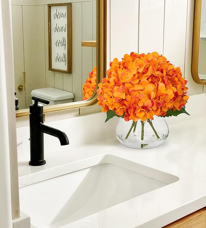 Artificial Hydrangea Flowers with Glass Vase, Orange Silk Arrangement