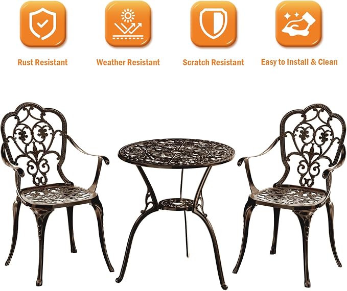 3-Piece Cast Aluminum Bistro Set in Bronze with Umbrella Hole