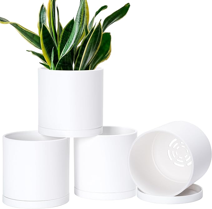 Planter Pots Set of 4, 6.5 Inch White Plastic with Drainage Holes and Saucers