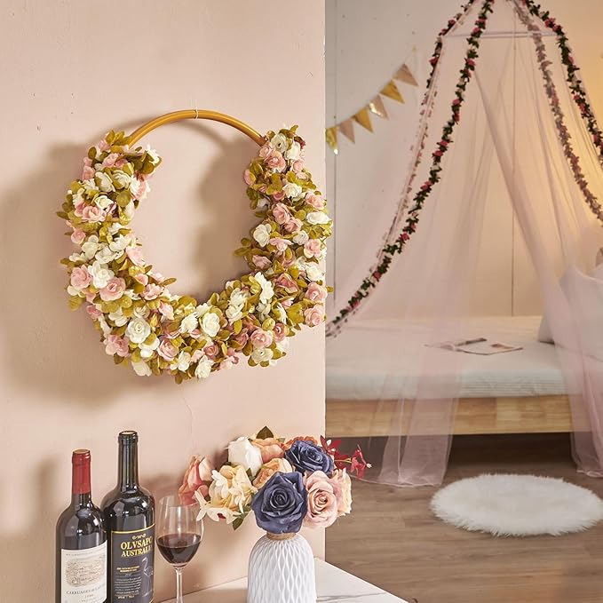 Artificial Flowers: 8 Pink and White Silk Rose Vines, 8.2 Ft Each