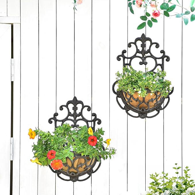 Hanging Planters: Rustic Brown Cast Iron Half Round Wall Baskets, Set of 2