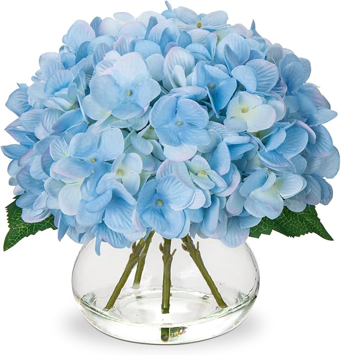 Artificial Flowers: Blue Silk Hydrangea Arrangement with Glass Vase