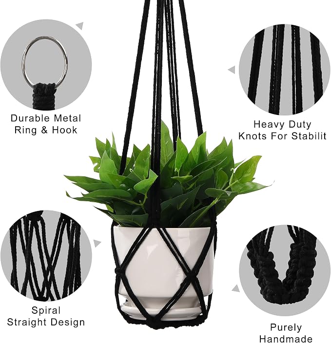 YIBOT 3 Pack Black Macrame Plant Hanger Indoor Hanging Planter Basket - Image 2