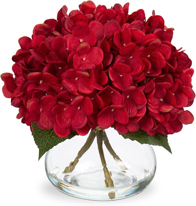 Artificial Hydrangea Flowers with Glass Vase, Red Silk, 4 Heads