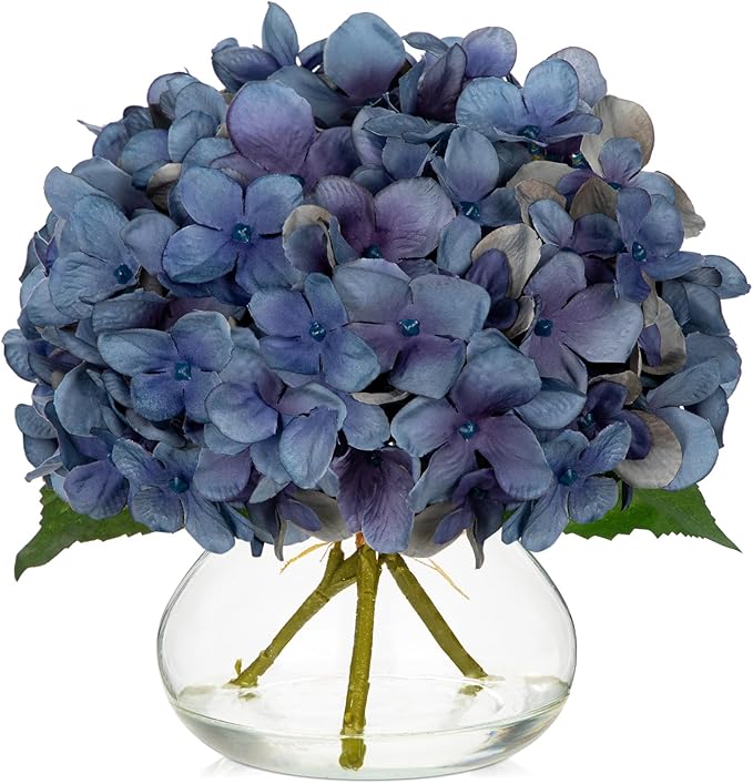 Artificial Flowers: Dark Blue Silk Hydrangea Arrangement with Glass Vase