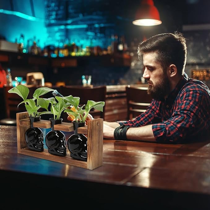 Terrarium Skull Propagation Set, 3 Black Borosilicate Vases with Wood Stand