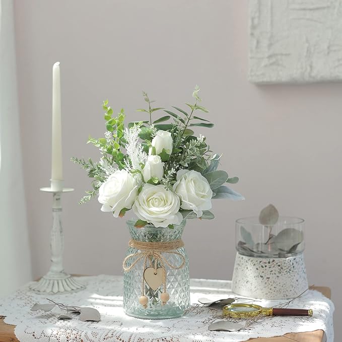 Artificial Flowers with Glass Vase, 14.5-Inch White Silk Roses Bouquet