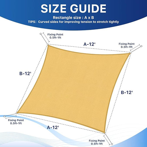12'x12' Sun Shade Sail, UV Protection Outdoor Shade, Curved Tear Resistant - Image 2