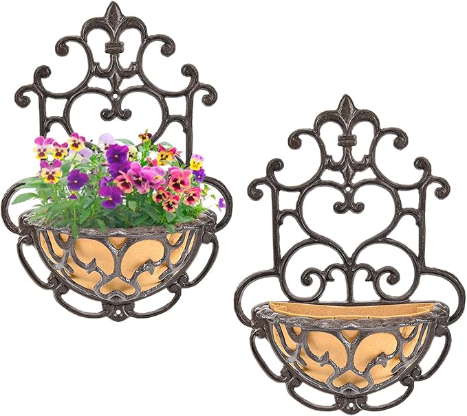 Hanging Planters: Rustic Brown Cast Iron Half Round Wall Baskets, Set of 2