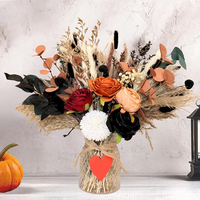 Artificial Flower Arrangement in Vase, 100 Pieces, Orange & Burgundy