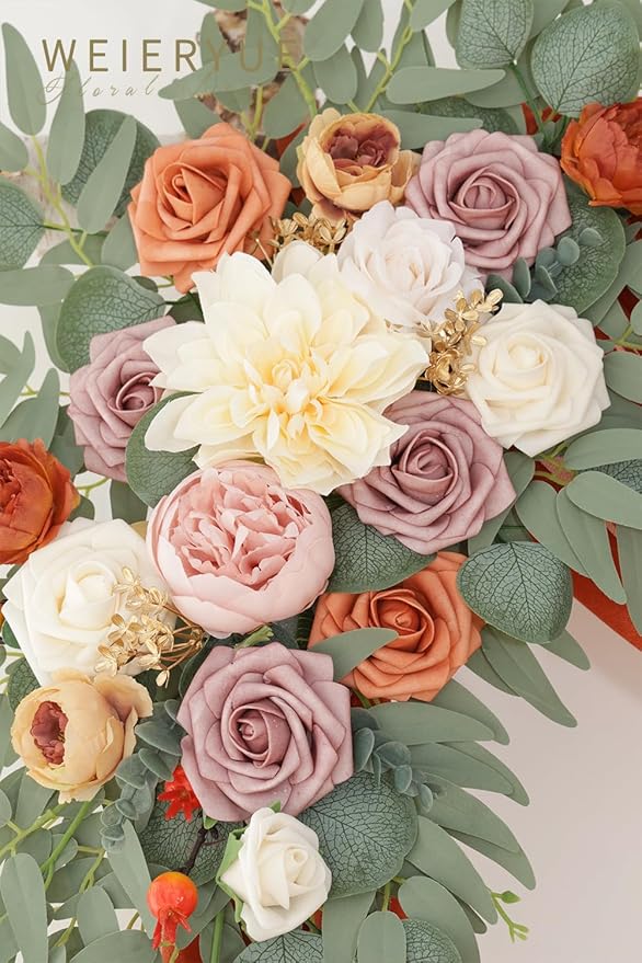 Artificial Flowers Wedding Arch Swag Kit, Burnt Orange, with Chiffon Drape