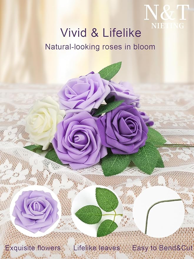 Artificial Flowers, 50 Purple Foam Roses with Stems and Leaves