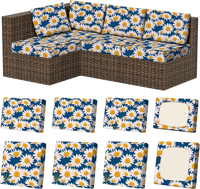 Cushion Covers 8 Pack Stretch-Fit Daisy Flower Patio Chair Covers