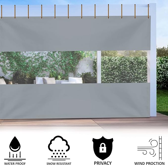 Outdoor Curtain with Clear Vinyl Panel, Waterproof Gray, 10 x 13 ft