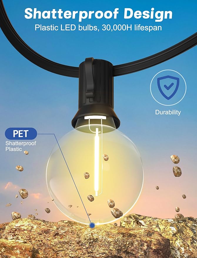 String Lights 25 Ft G40 LED Globe Bulbs, Warm White, IP44 Waterproof