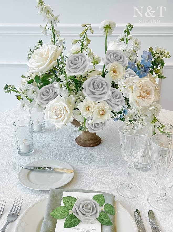 Artificial Flowers, 50 Silver White Foam Roses with Bendable Stems