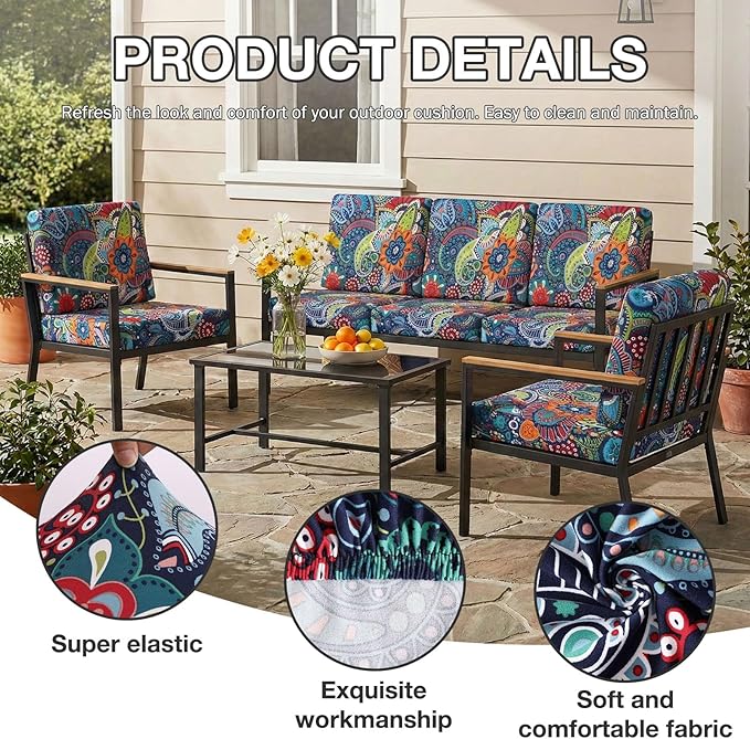 Cushion Covers, 4-Piece Paisley Stretch Set with Non-Slip Straps