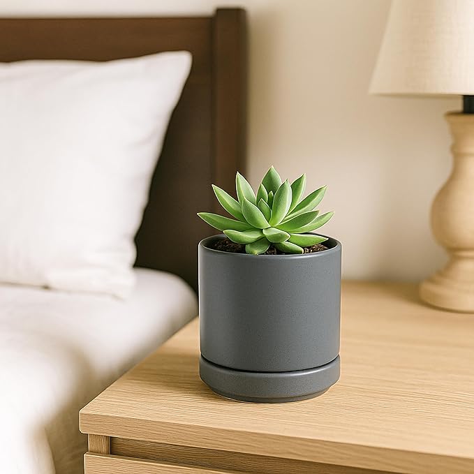 Planters: Small Round Gray Ceramic Pots with Saucers, Set of 4