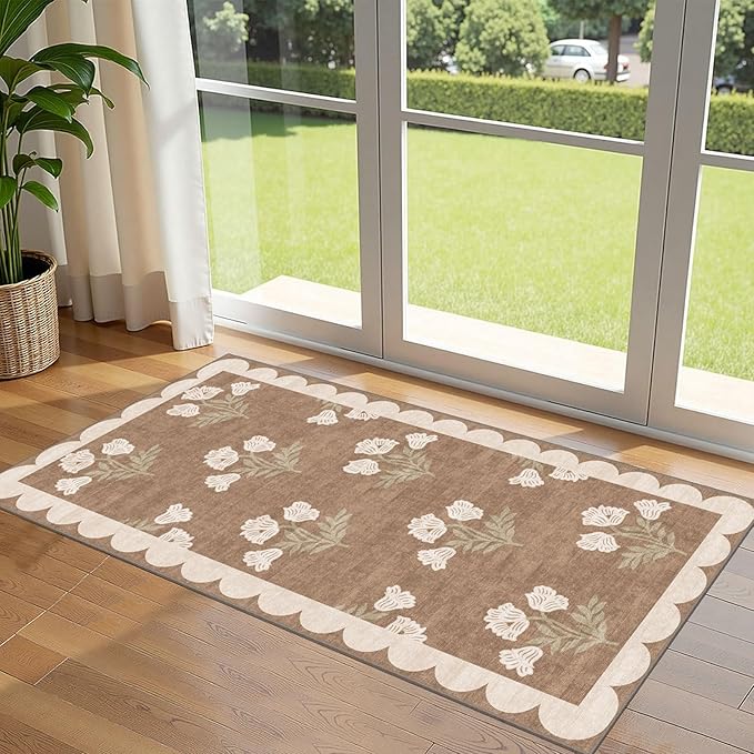 Outdoor Rug Floral Entryway Mat, Tan, 2 x 4.3 Ft, Non-Slip Backing