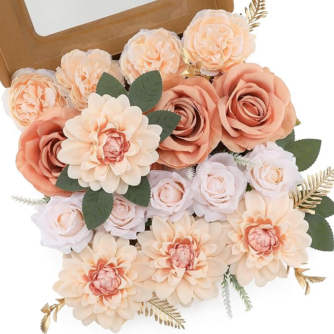 Artificial Flowers Set of 17 Silk Blooms with Stems in Nude