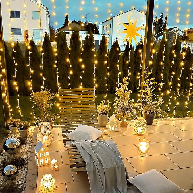LED Curtain String Lights, 900 LEDs, Warm White, Remote, 9.5 x 29.5 ft