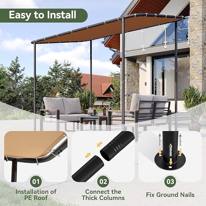 Lean-To Gazebo 10x6 ft Khaki Sloped Roof Pergola, UPF50+ Shade