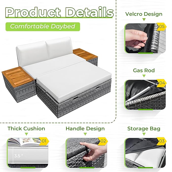 Greesum Outdoor Daybed Set Multifunctional Wicker Lounge Bed Furniture - Image 6