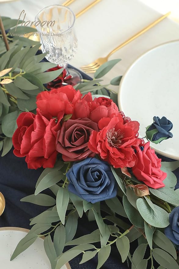 Artificial Flower Garland, 6 Ft Faux Silk Vine in Navy and Burgundy