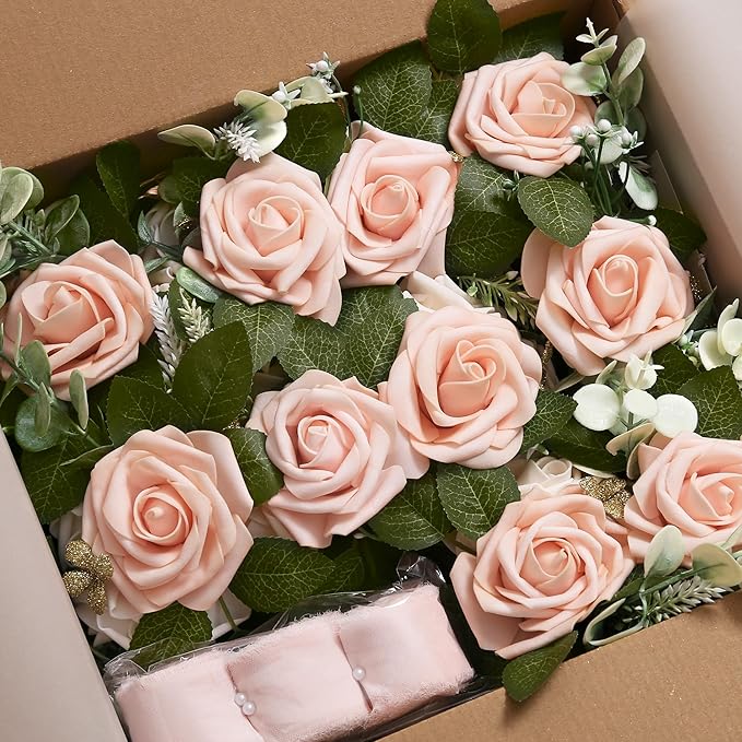 Artificial Flowers Pew Decor Set of 10, Pink Roses with 70cm Ties