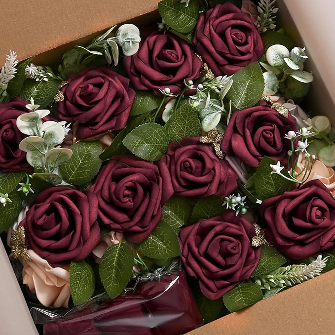 Artificial Flowers Wedding Chair Decor, Burgundy Roses, 10 Pack