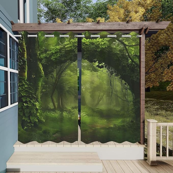 Outdoor Curtains, Green Forest Pattern Waterproof Polyester, 2 Panels