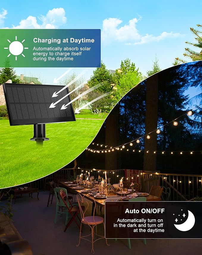 Solar String Lights 50FT Black Outdoor IP65 Edison Bulbs