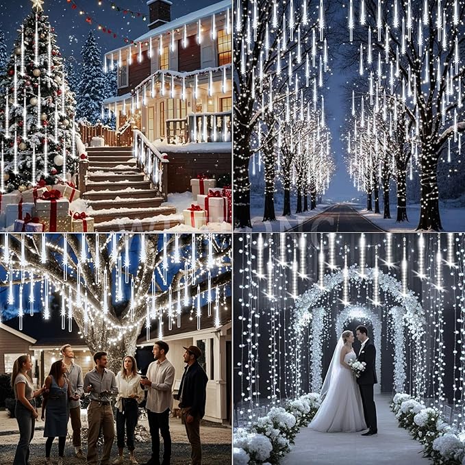 String Lights Outdoor, 32 Tubes, 768 LEDs, White Meteor Shower Lights