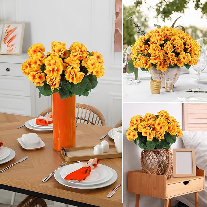 Artificial Geranium Flowers, Yellow Silk, 6 Bundles for Indoor/Outdoor Decor