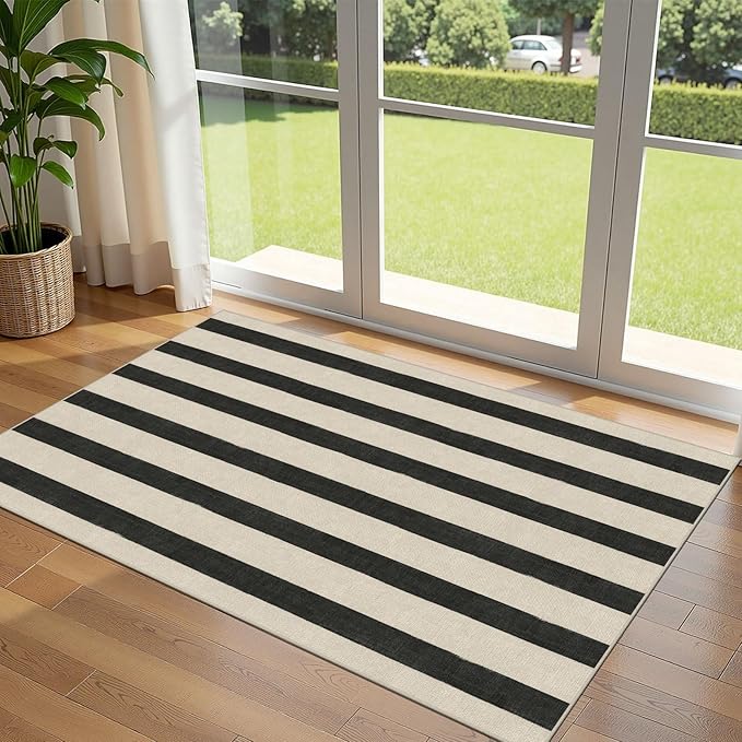 Outdoor Rugs, Black and White Striped Polyester Entry Mat, 3 x 5 ft