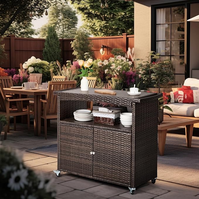 Bar Table with Storage Cabinet, Rolling Wheels and Poly Lumber Top